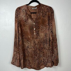Angela Mara Leopard Print Long Sleeve Blouse Top Size XL